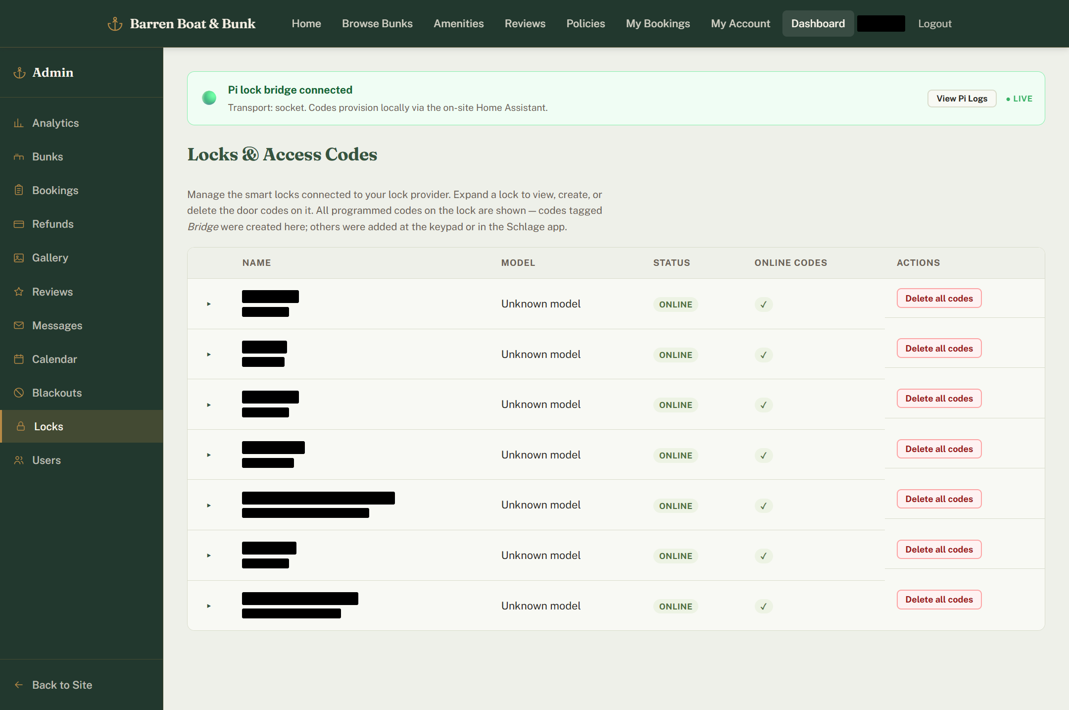 Admin lock management, live-connected to the on-site Home Assistant bridge (lock IDs redacted)