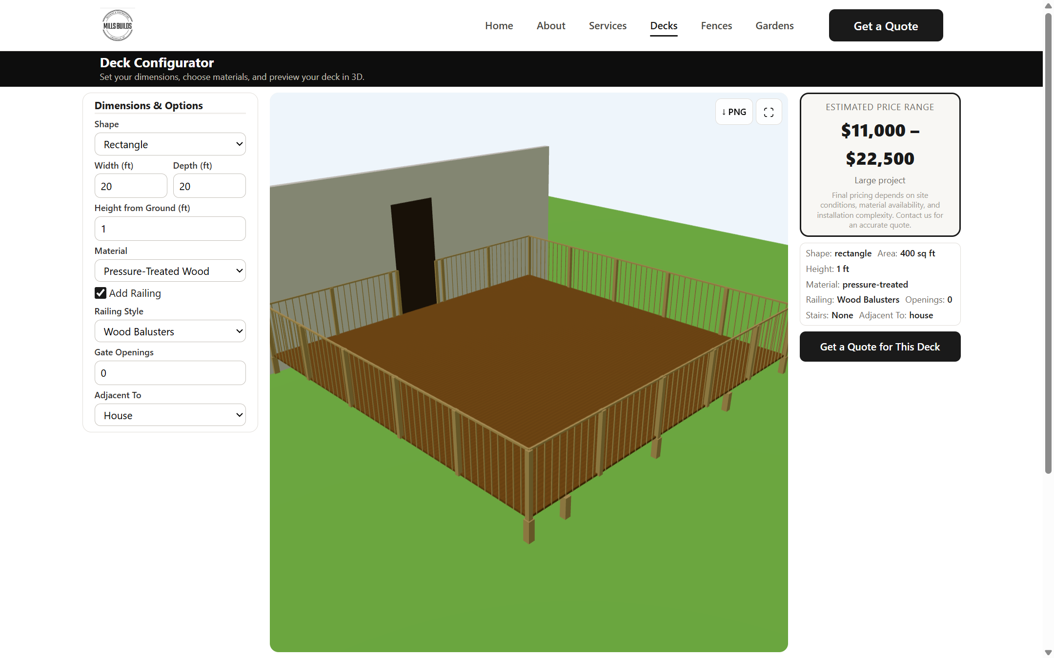 Live 3D deck configurator with a real-time price estimate