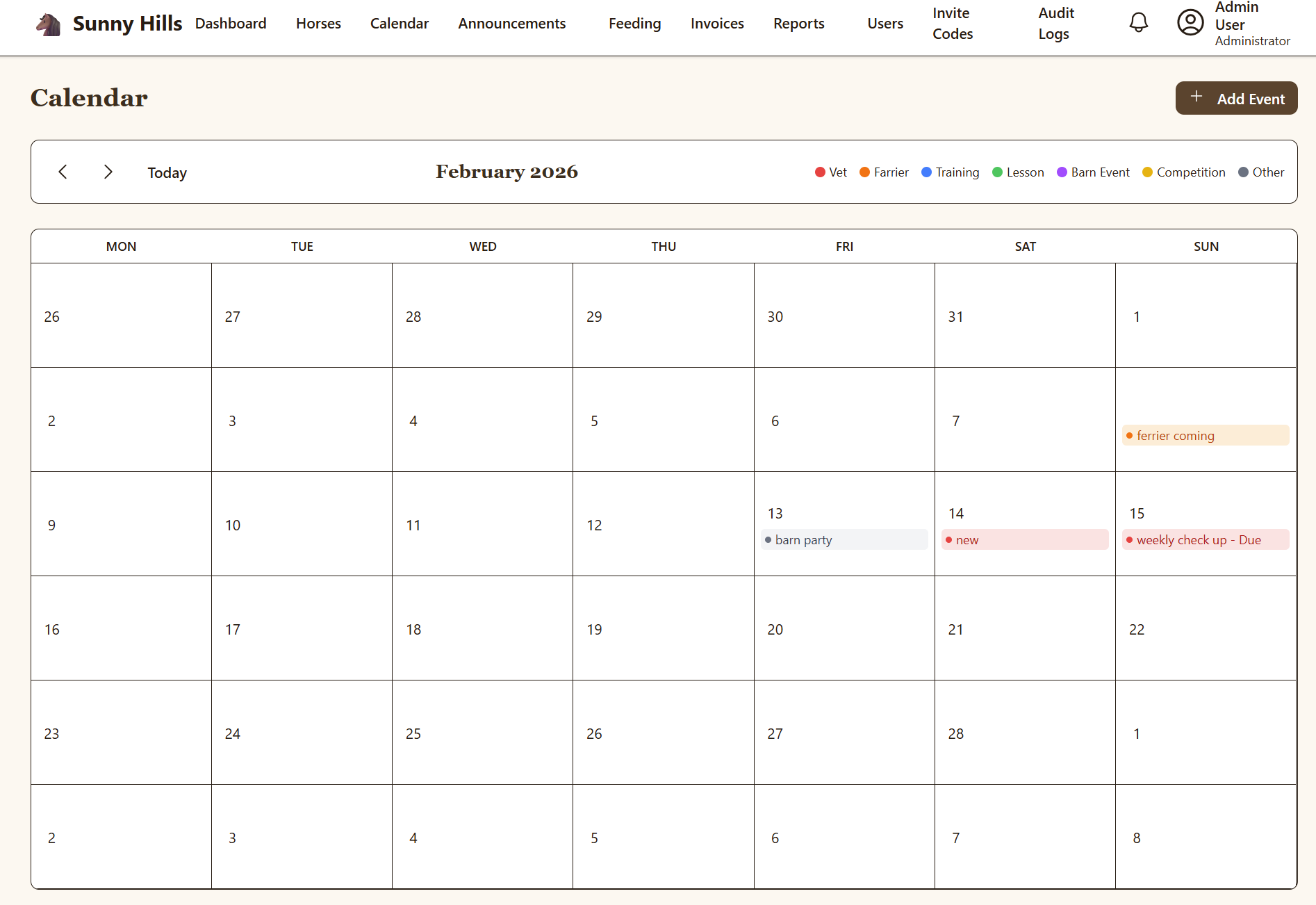 Barn-wide appointment calendar